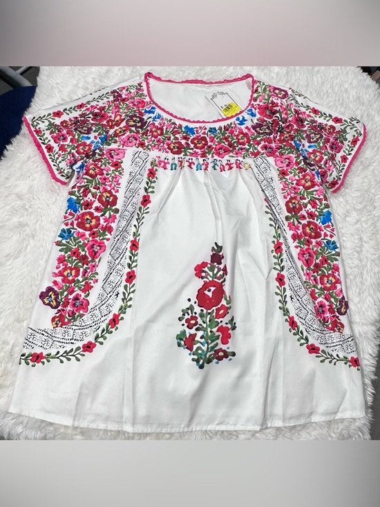 Unbranded Tops - White Floral Embroidered Print Peasant Blouse with Pink & Red Flowers